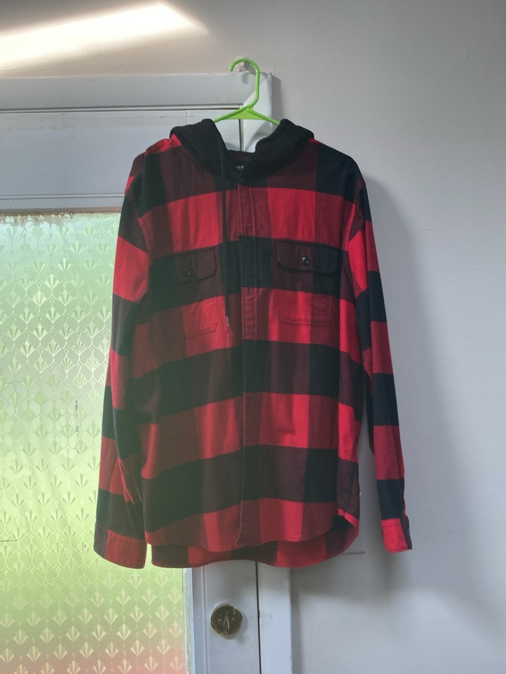 Express Red and Black Plaid Hooded Shirt Jacket